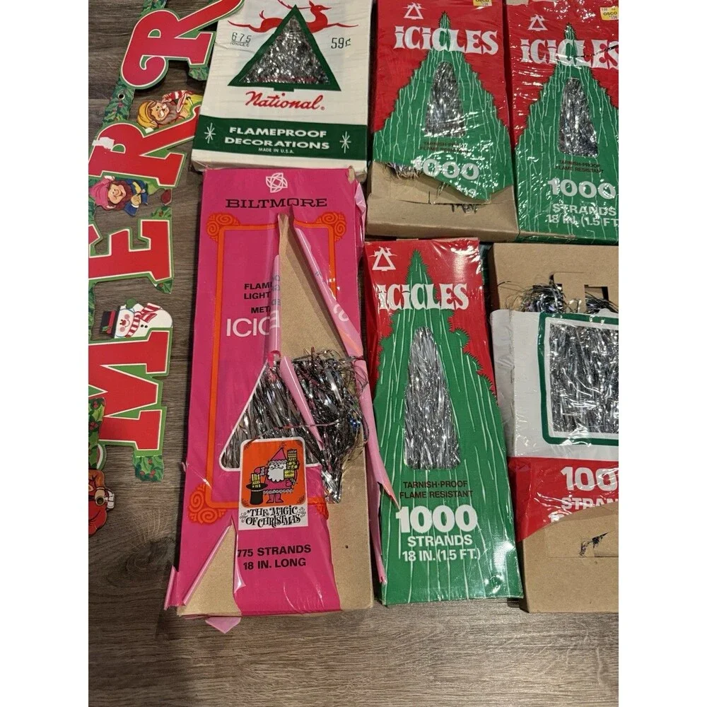 Vintage Lot of 8 Boxes Christmas Tree Icicles Silver Tinsel W/ Christmas Banner